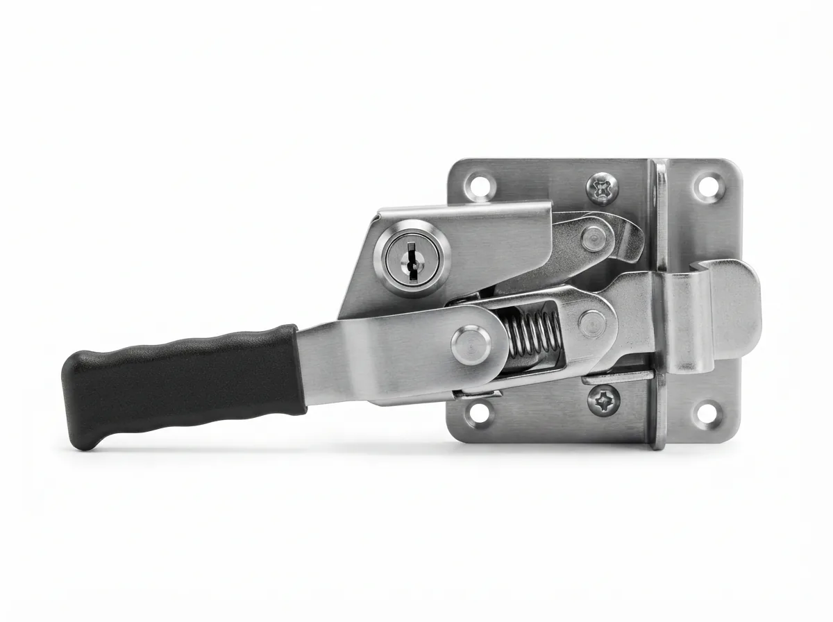 Integrated swivel latch with lock assembly for a US General service cart.