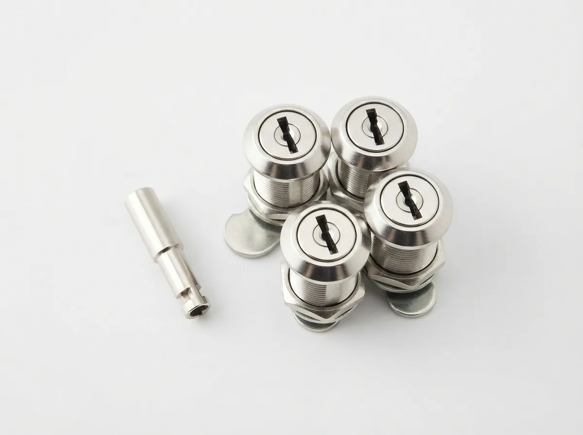 Four keyed-alike replacement locks and their single key on a workbench.