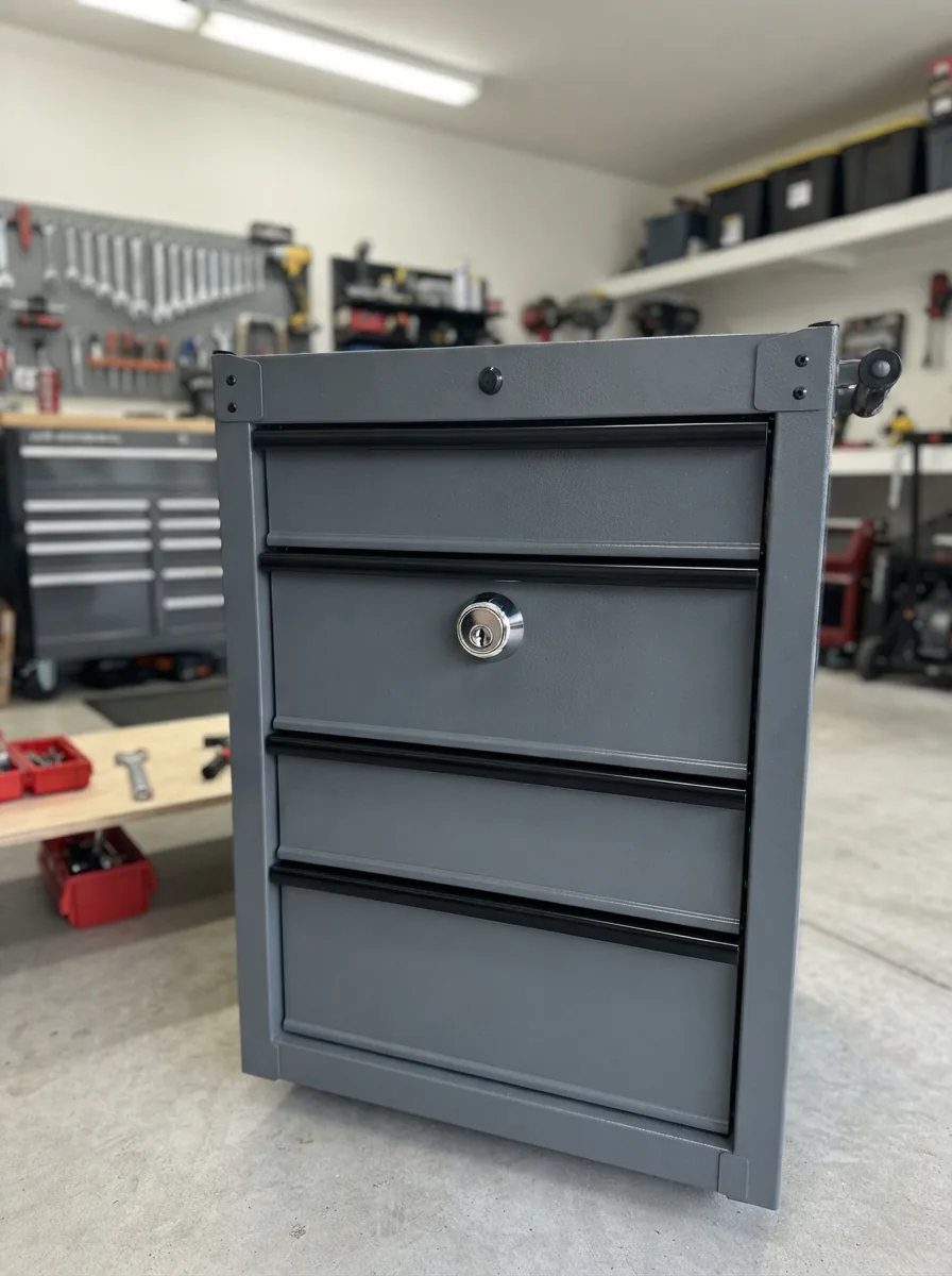 A secure US General tool chest with a newly installed lock cylinder prominently visible on the drawer face.
