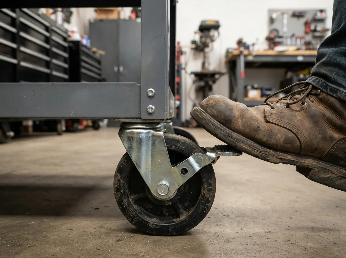A mechanic's hand testing the locking brake on a large phenolic caster wheel mounted to a fully loaded metal tool cart.