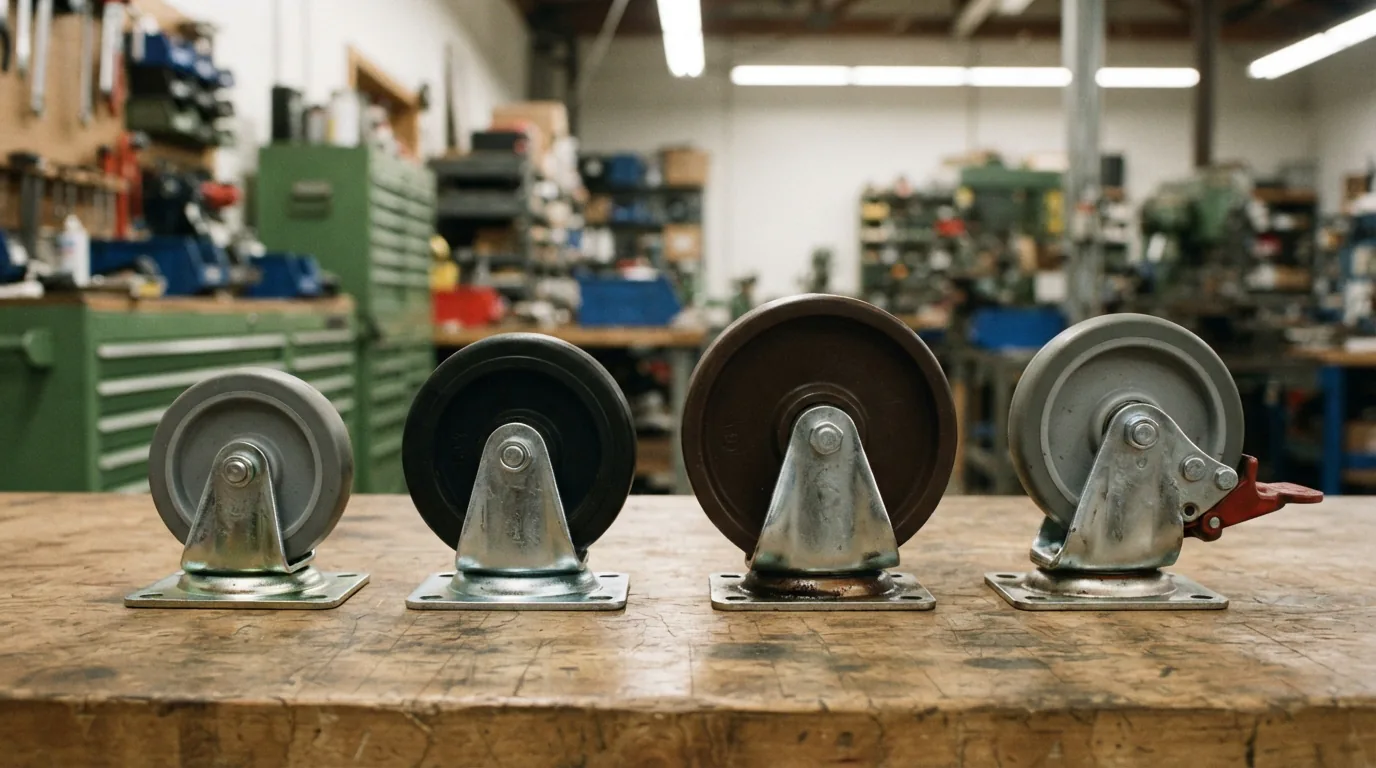 A set of four different caster wheels lined up on a workbench, showing various sizes and materials for comparison.