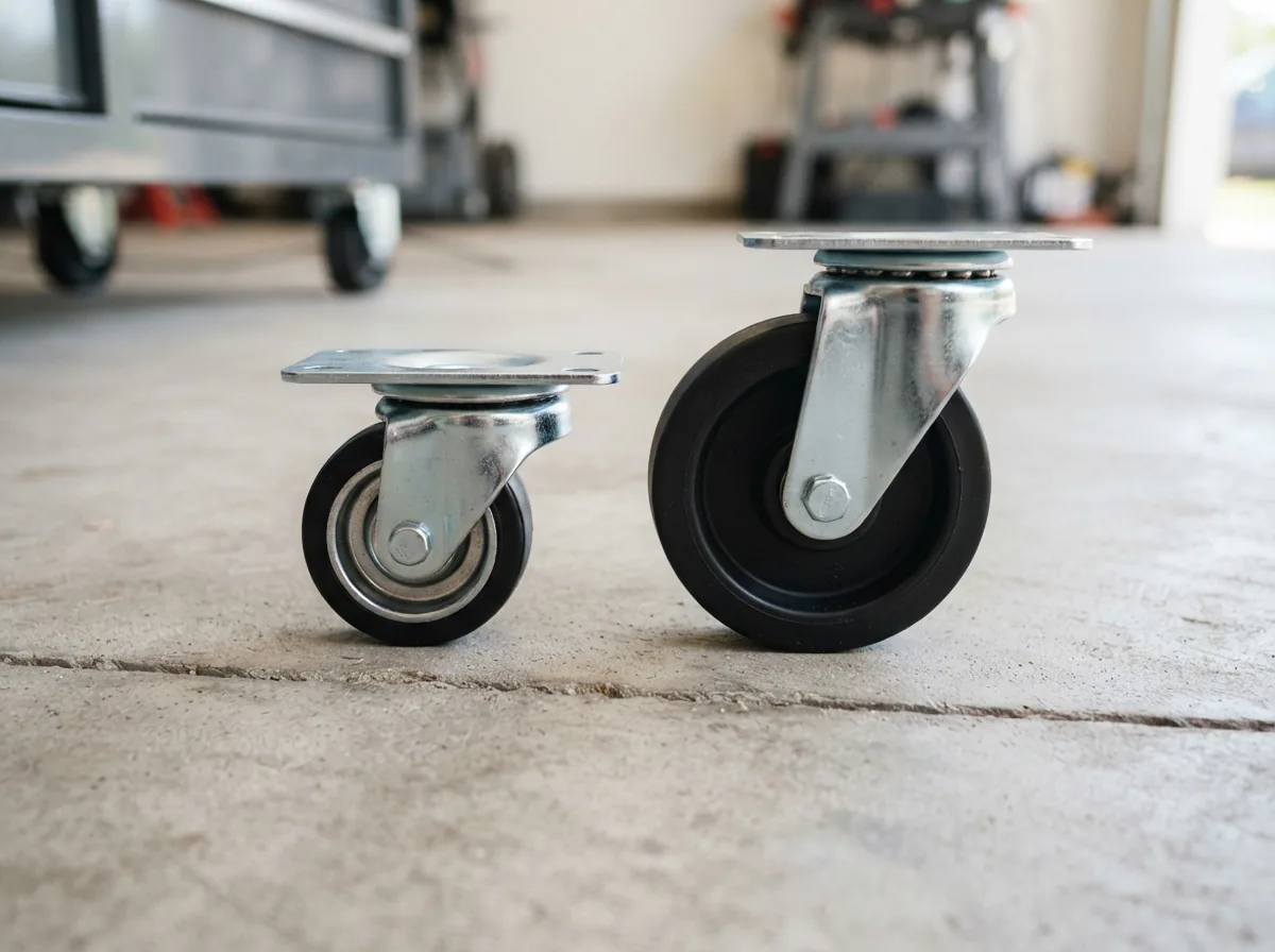 The US General Series 3 Low-Profile Caster shown next to a standard caster to compare heights.