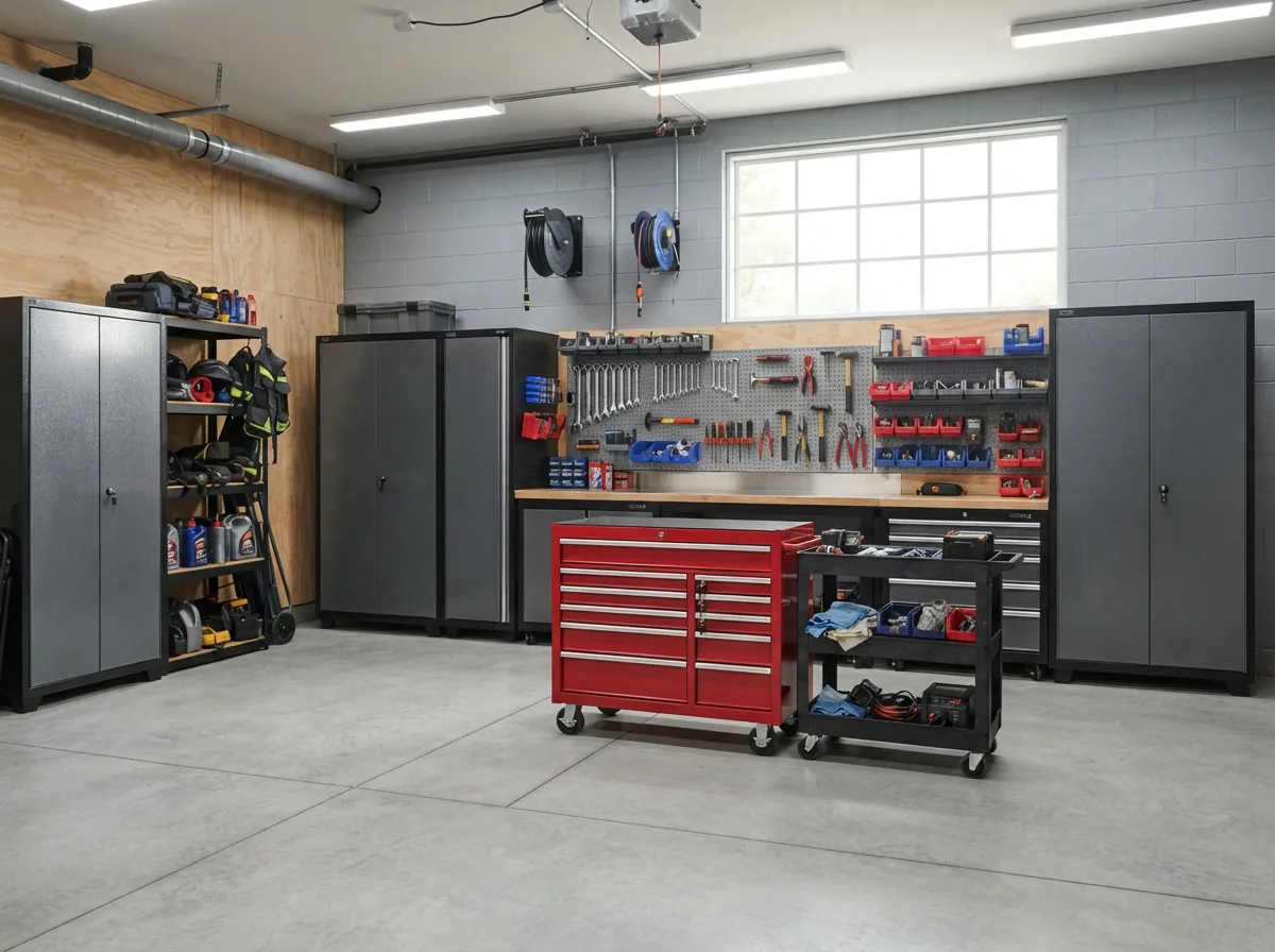 A well-organized garage workshop with multiple locked tool storage units.