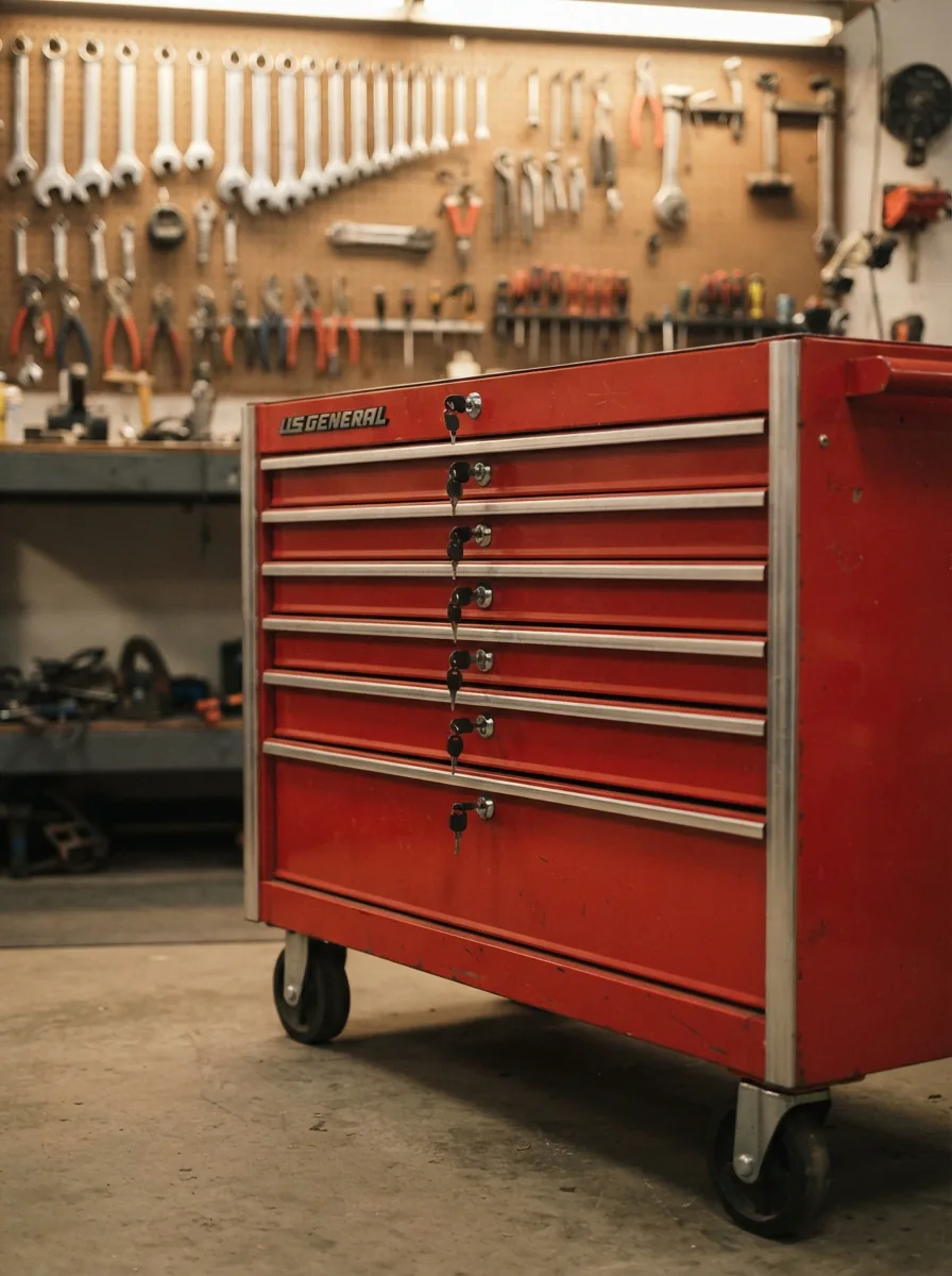 A secure US General tool chest in a clean workshop, with a focus on the drawer locks.