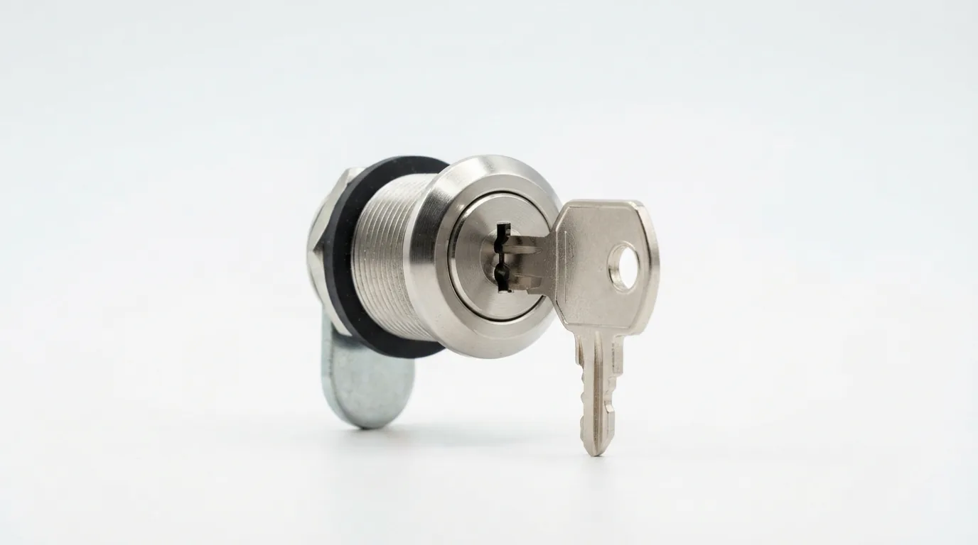 Silver cylinder lock replacement for a US General tool box on a white background.