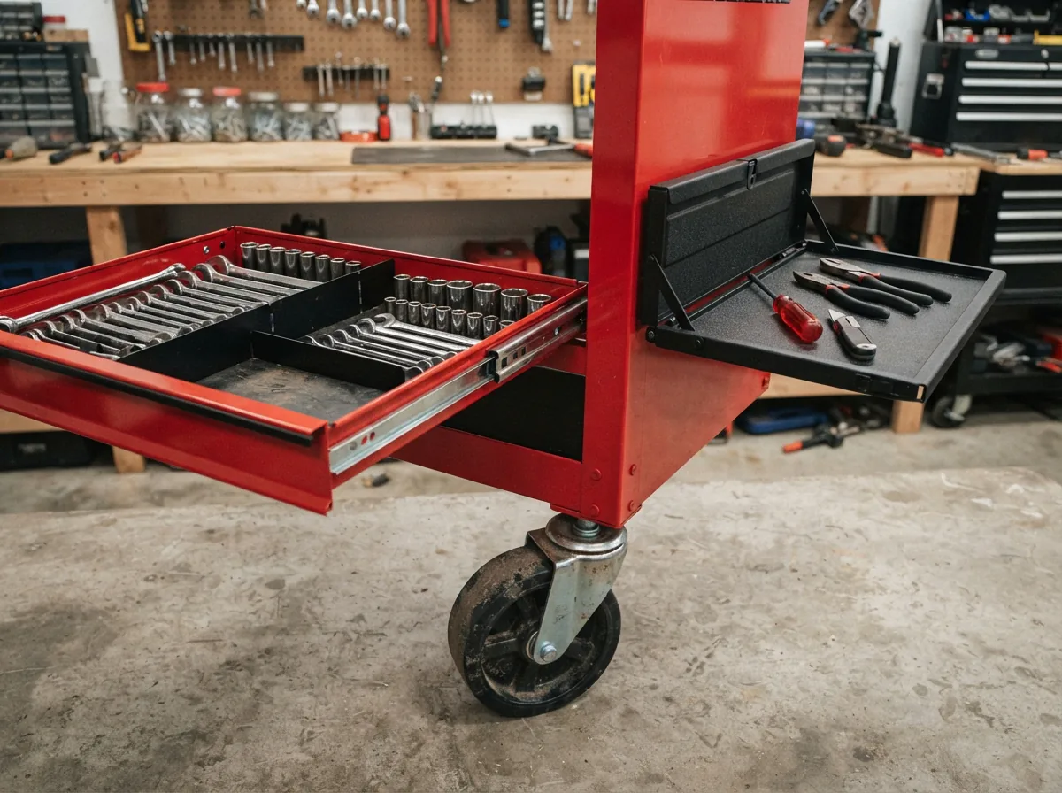 A montage of tool cart parts being used in a garage: a wheel, a drawer divider, and a side tray.