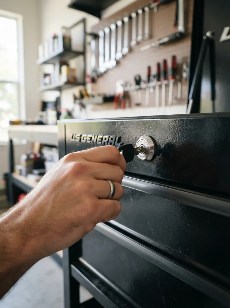 A professional mechanic's hand reaching for a key inserted into the lock of a closed US General tool chest drawer in a well-lit garage.