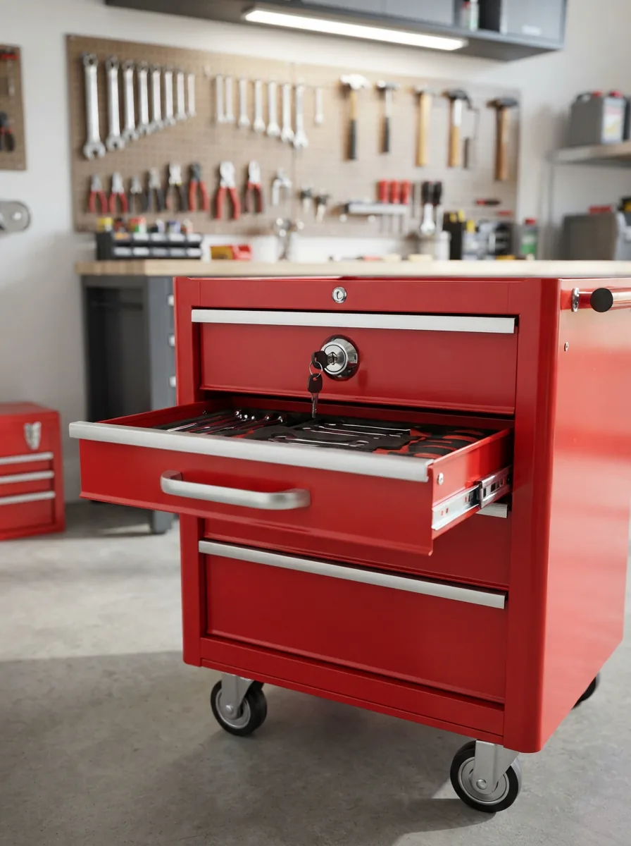 A US General tool box drawer slightly open, showing a secure lock cylinder with a key inserted.