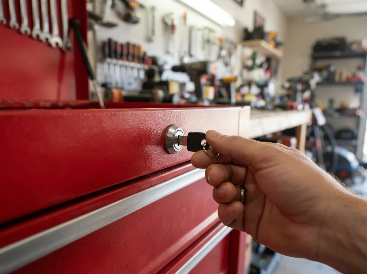 Close-up of a person inserting a key into a standard tubular lock on a US General tool box drawer.