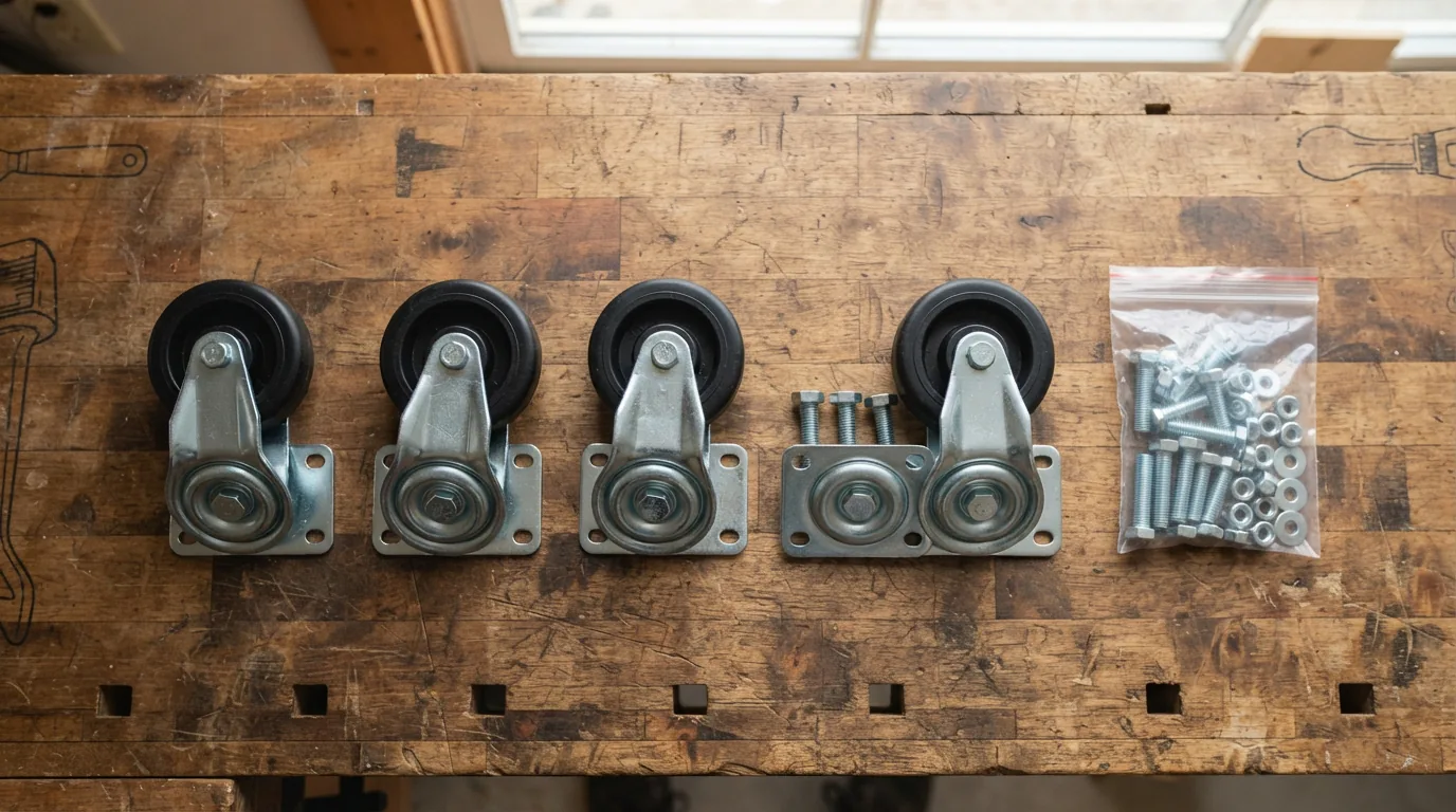 A set of four small caster wheels and mounting hardware neatly arranged on a workbench for a mini tool box upgrade.