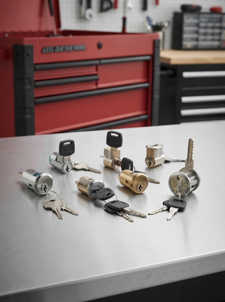 A collection of various replacement lock cylinders and keys arranged on a work surface in front of a US General tool box.