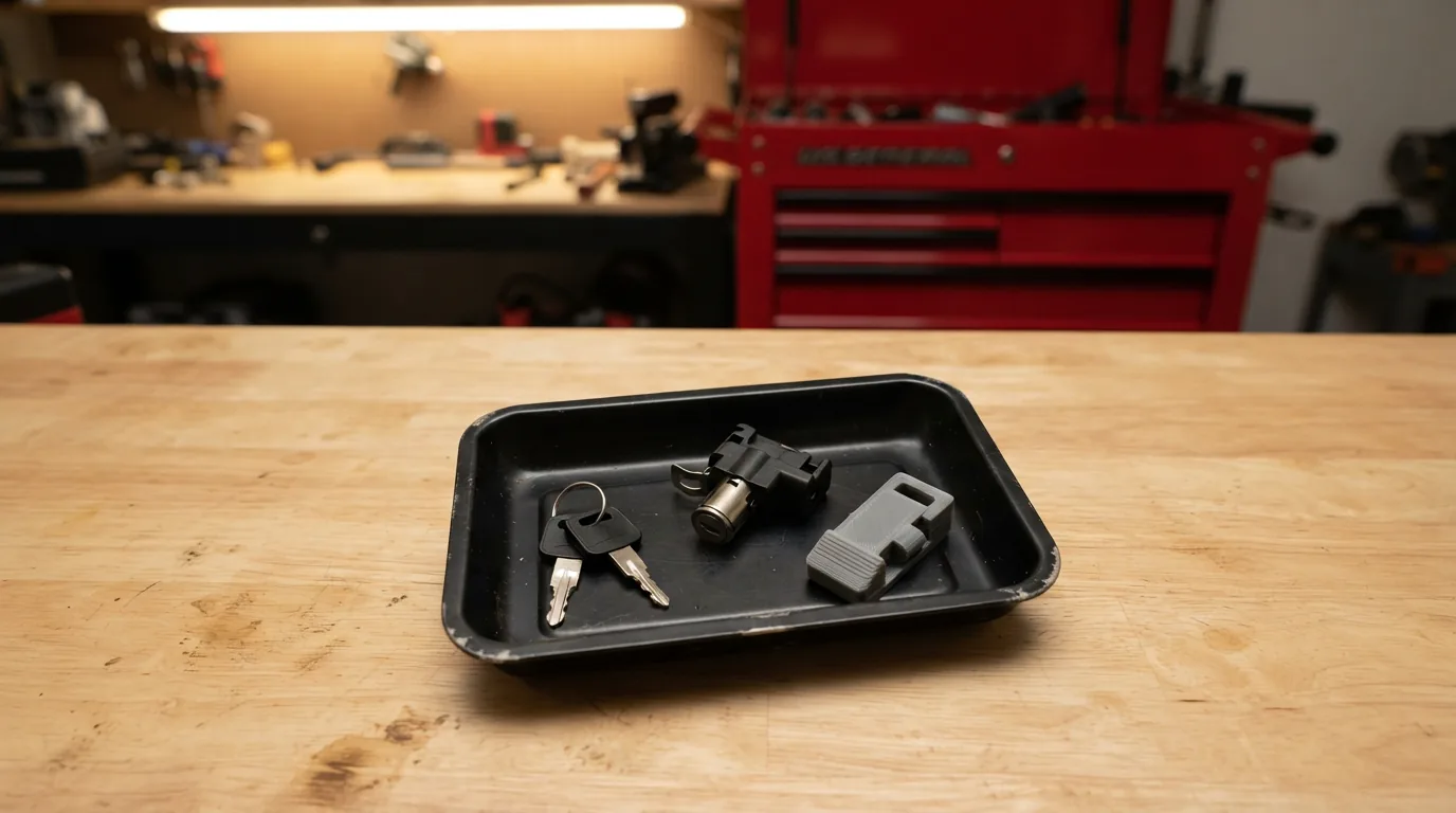 An organized workbench with a US General tool cart in the background, featuring a small parts tray with various replacement hardware like keys and latches laid out for identification.
