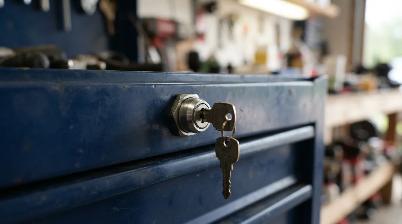 A close-up of a locked toolbox drawer with a key inserted into the silver cylinder lock.