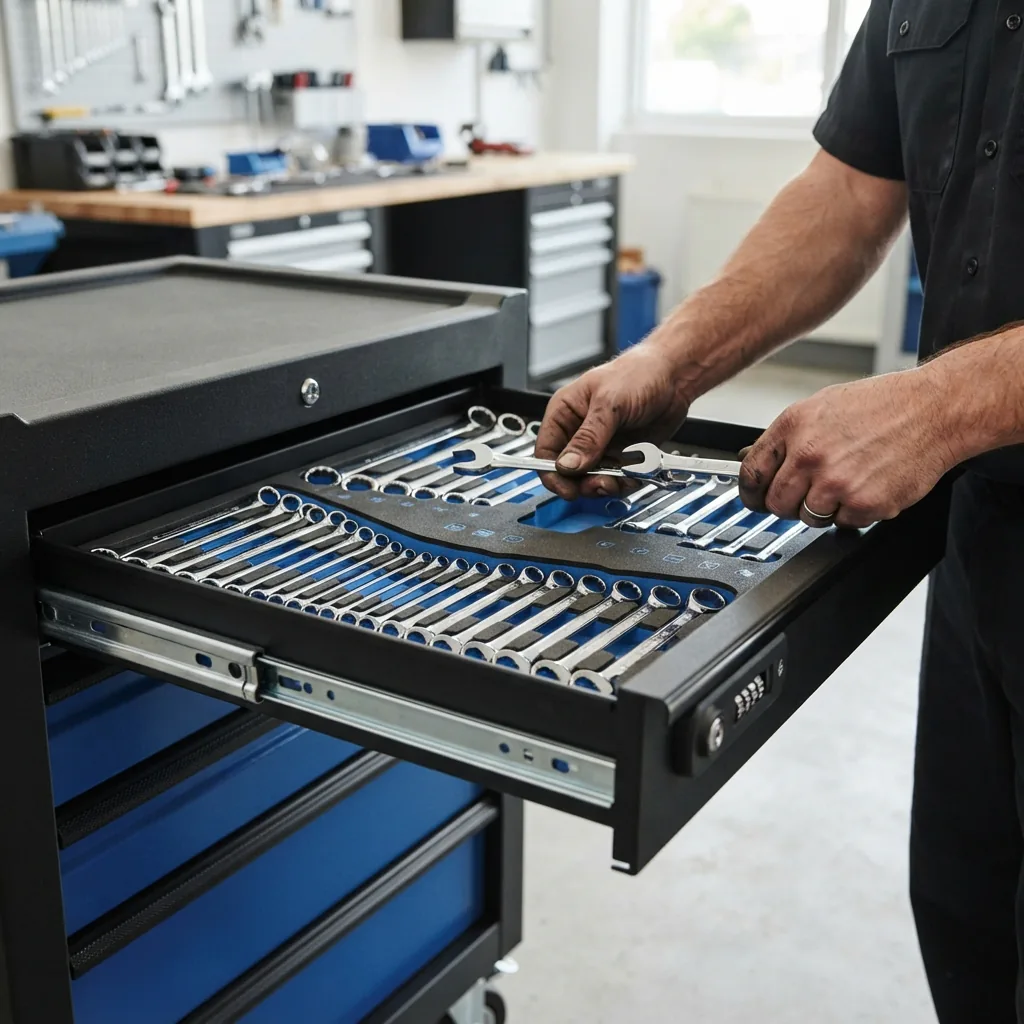 A mechanic organizing tools inside a locked drawer of a rolling tool cabinet.