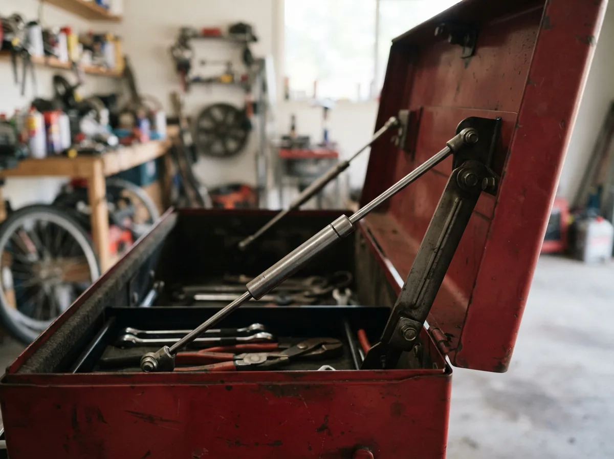 A pair of gas struts installed on the inside lid of a tool chest.