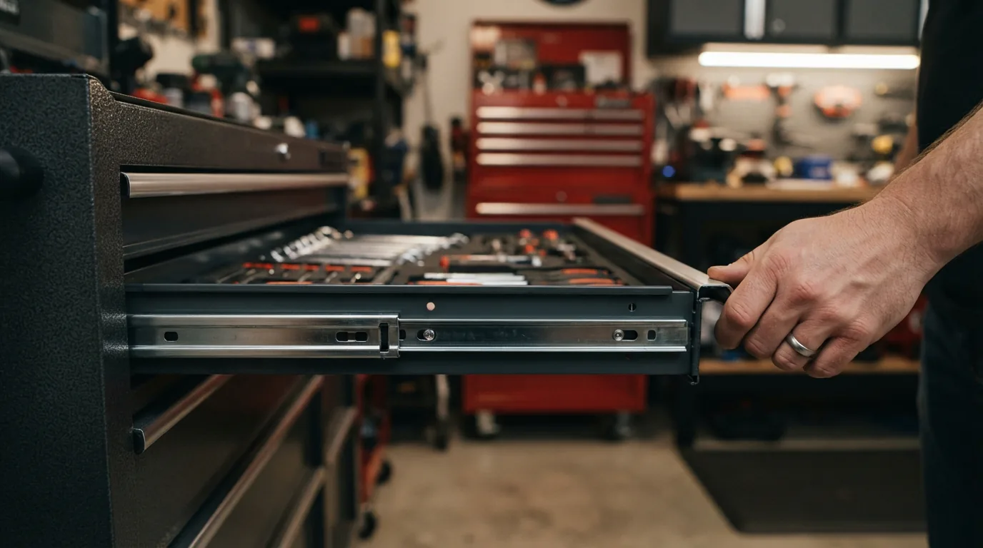 A mechanic's hand testing the smooth glide of a newly installed drawer slide in a tool cabinet.