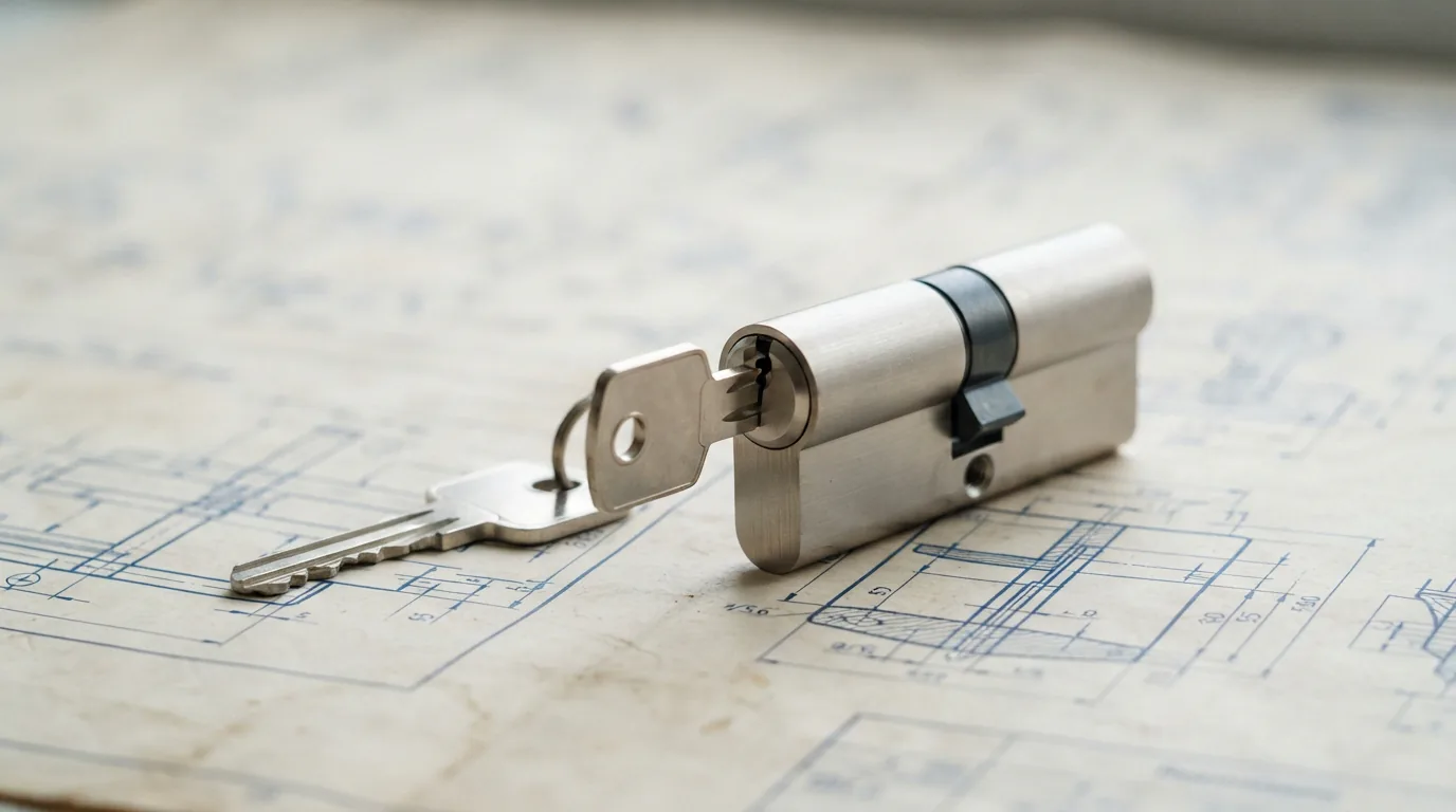 A silver multi-purpose cylinder lock with a key inserted, resting on a blueprints surface.