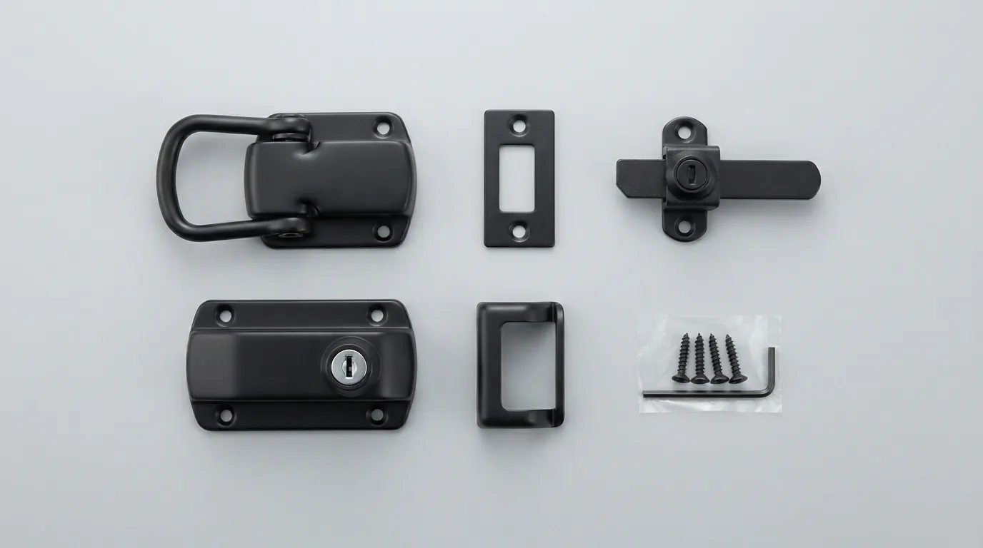 A complete 6-piece set of black tool chest latch and lock components.