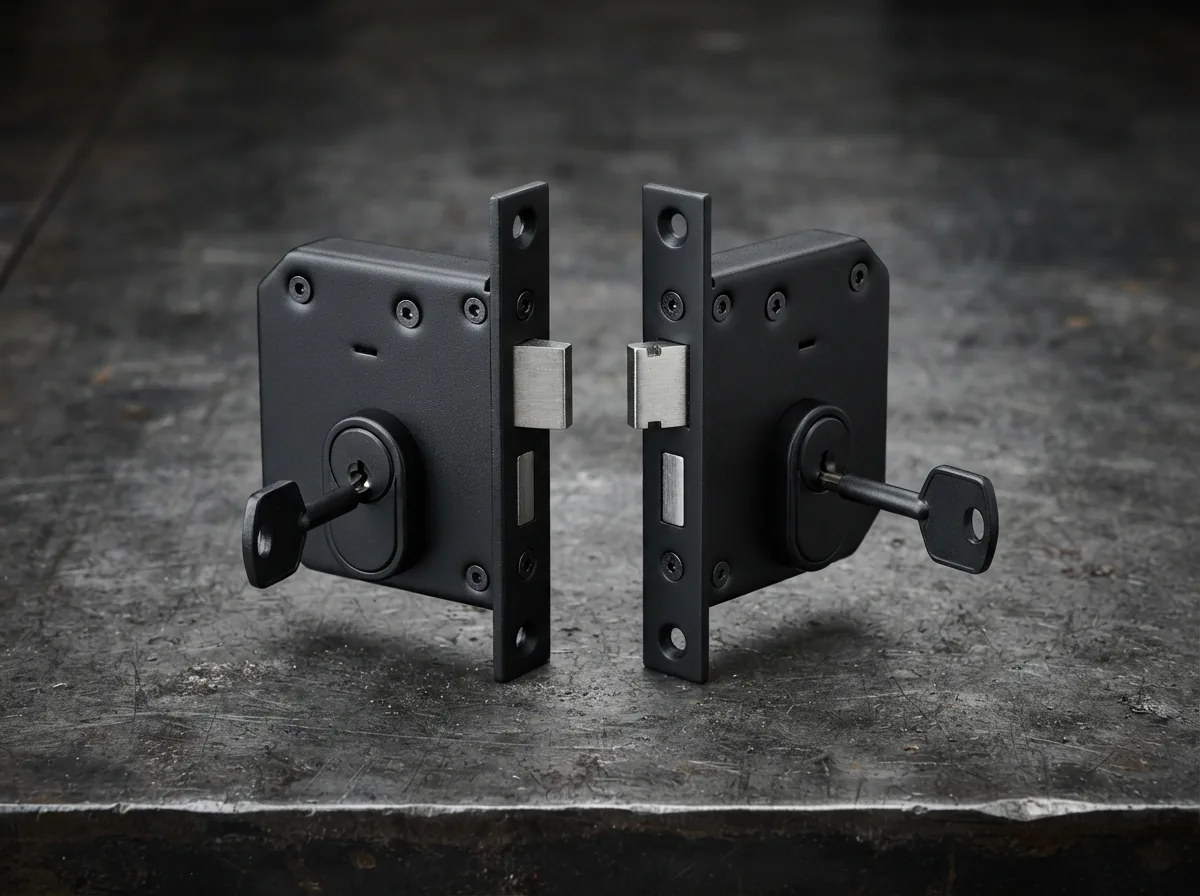 A pair of black keyed-alike mortise locks with keys, presented on a dark background.
