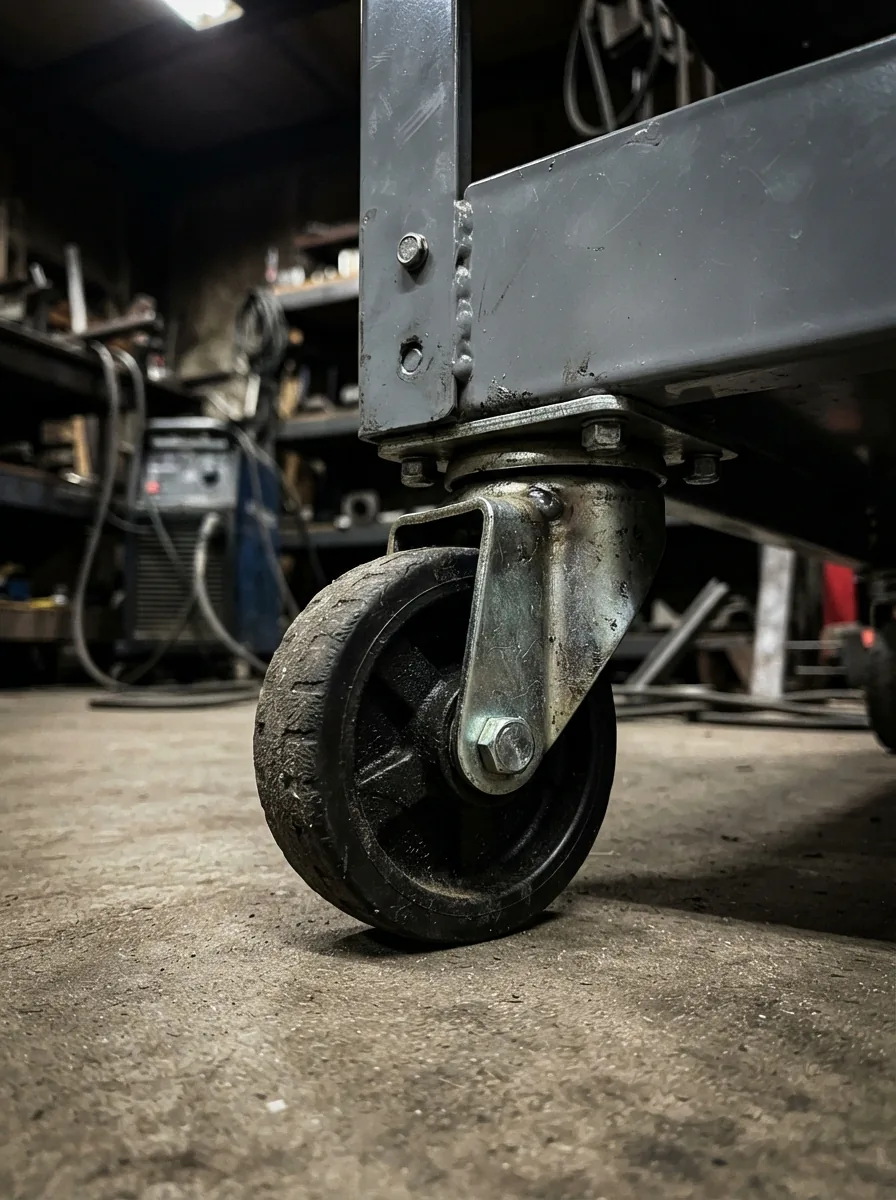 A close-up of a heavy-duty 6-inch swivel caster with a black phenolic wheel mounted on a gray US General tool cart.