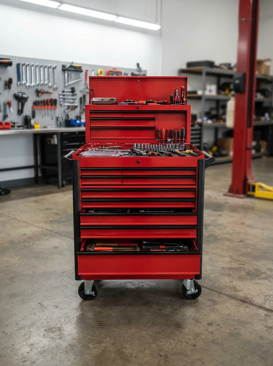 A fully assembled US General rolling tool cabinet in a professional garage setting.