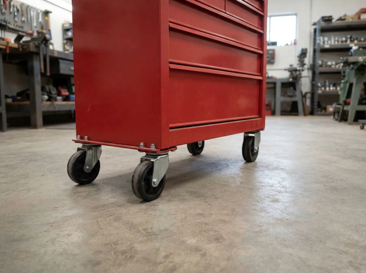 Side view of a tool cabinet with a combination of two swivel and two fixed casters on a smooth concrete workshop floor.