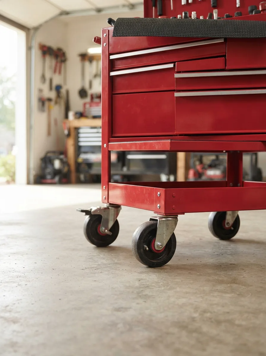 US General toolbox on heavy-duty casters in a garage