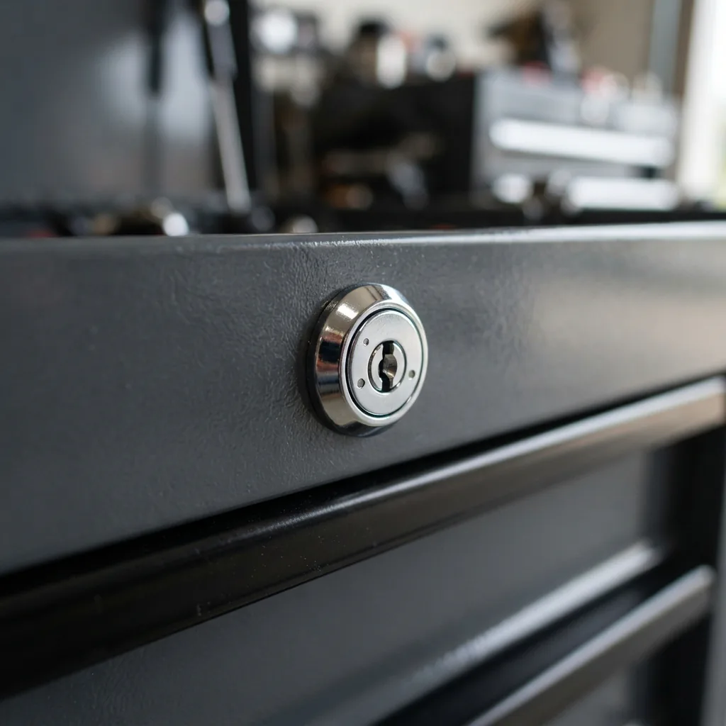 A close-up view of a new chrome lock cylinder installed on a US General tool chest drawer.