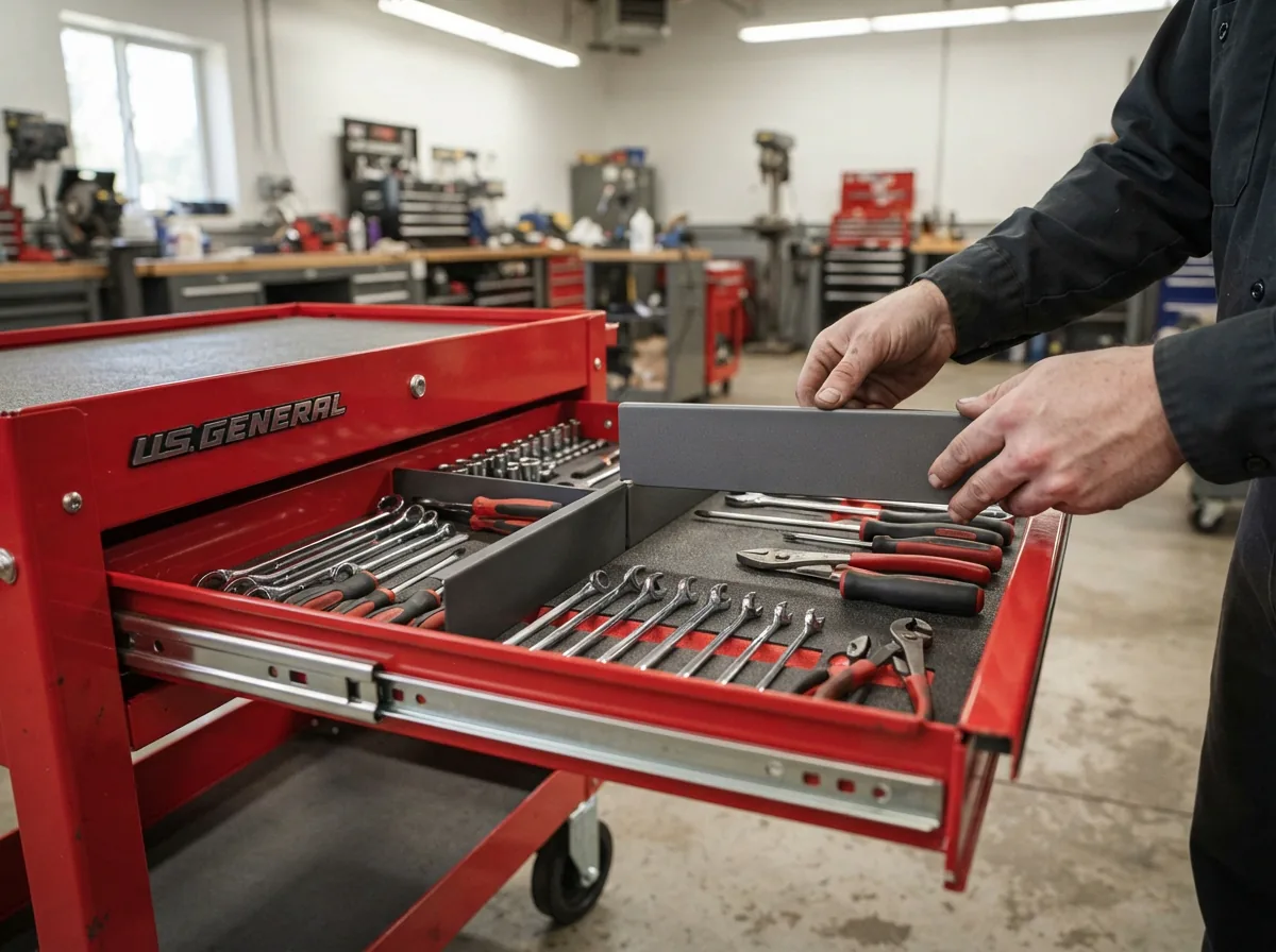 Close-up of a tool cart drawer divider set being installed inside a metal drawer.