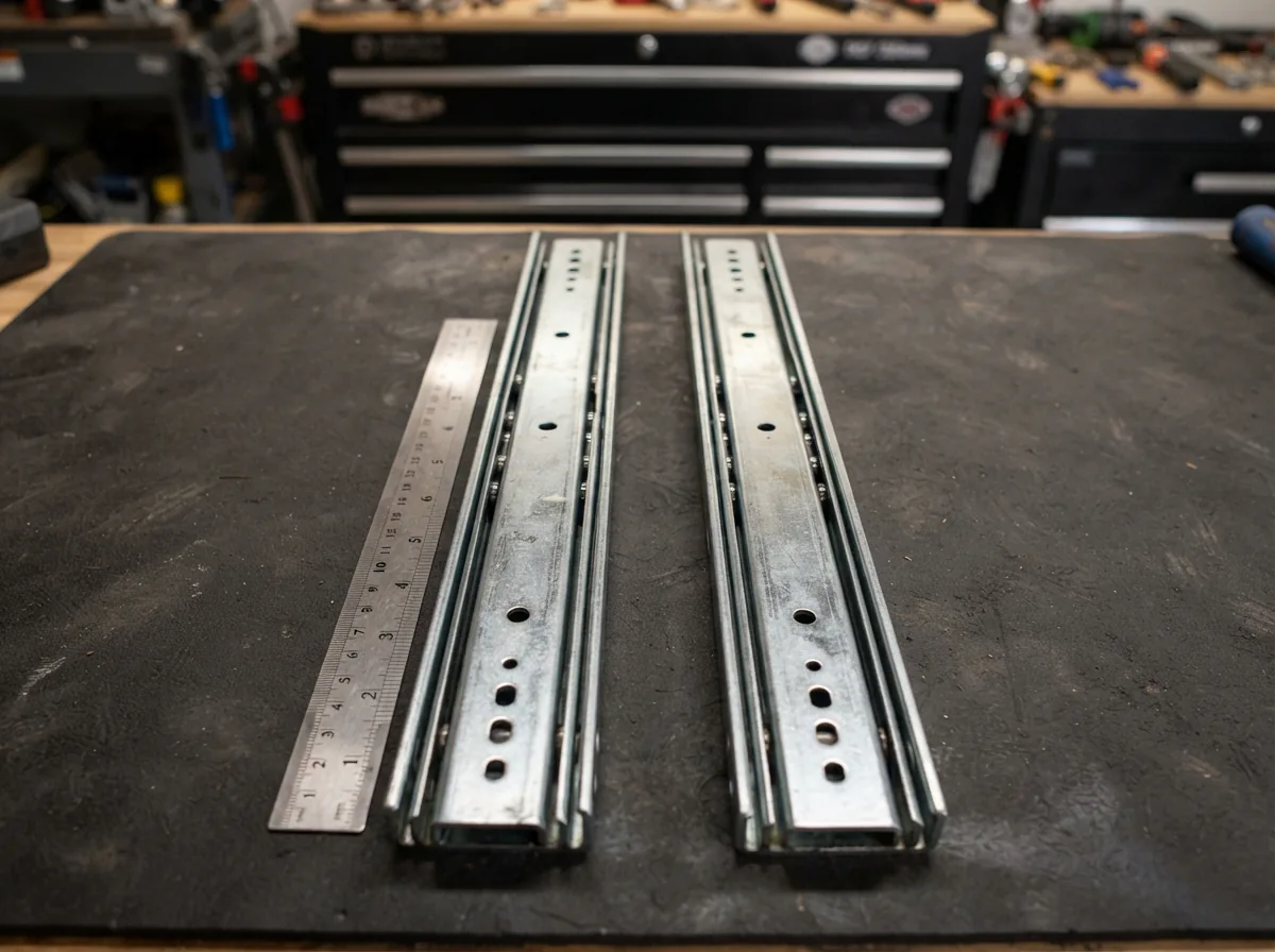 The Thickened 200Lbs Heavy Duty Drawer Slides pair displayed next to a ruler for scale.