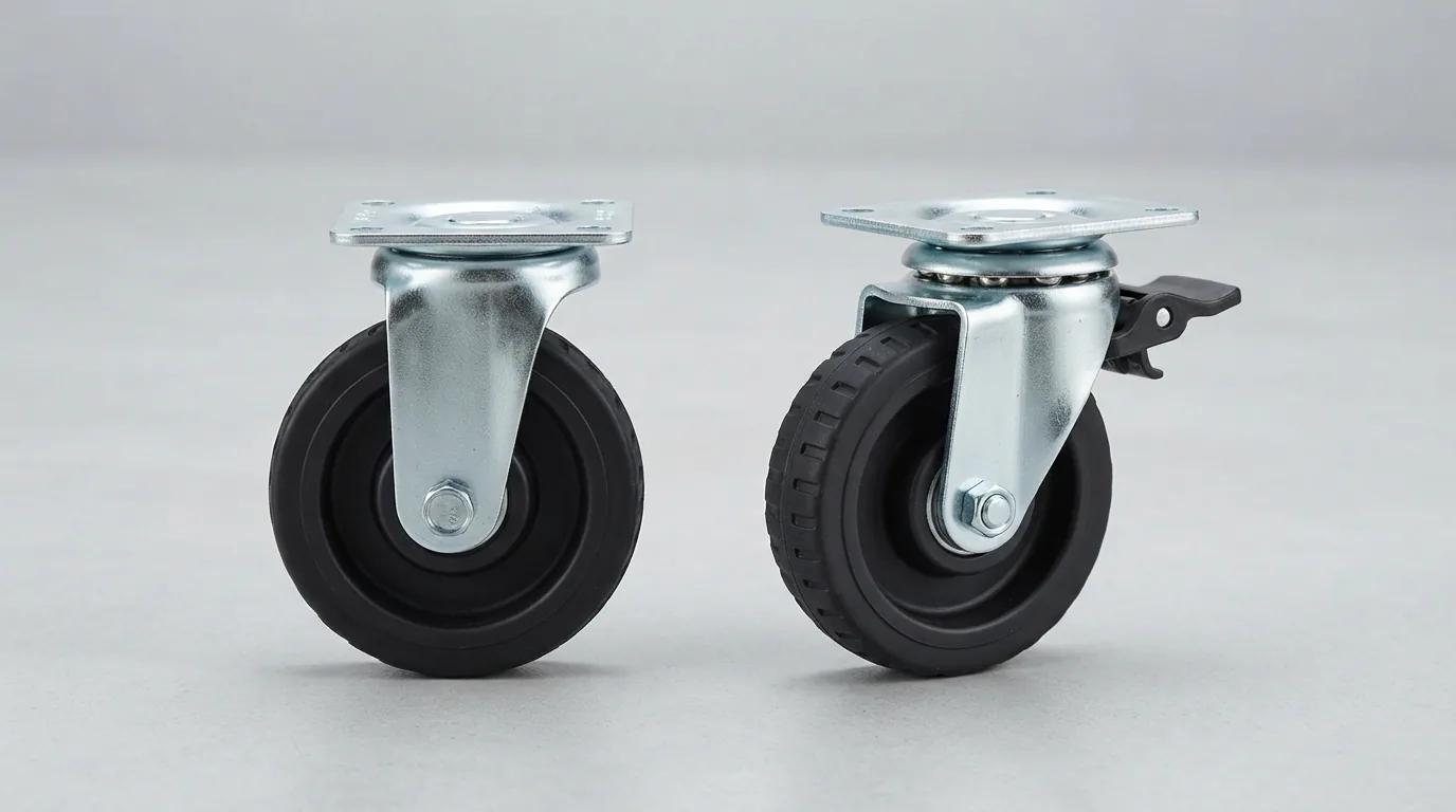 A pair of 5-inch swivel wheels with silver metal frames and black rubber tires, displayed against a neutral background.