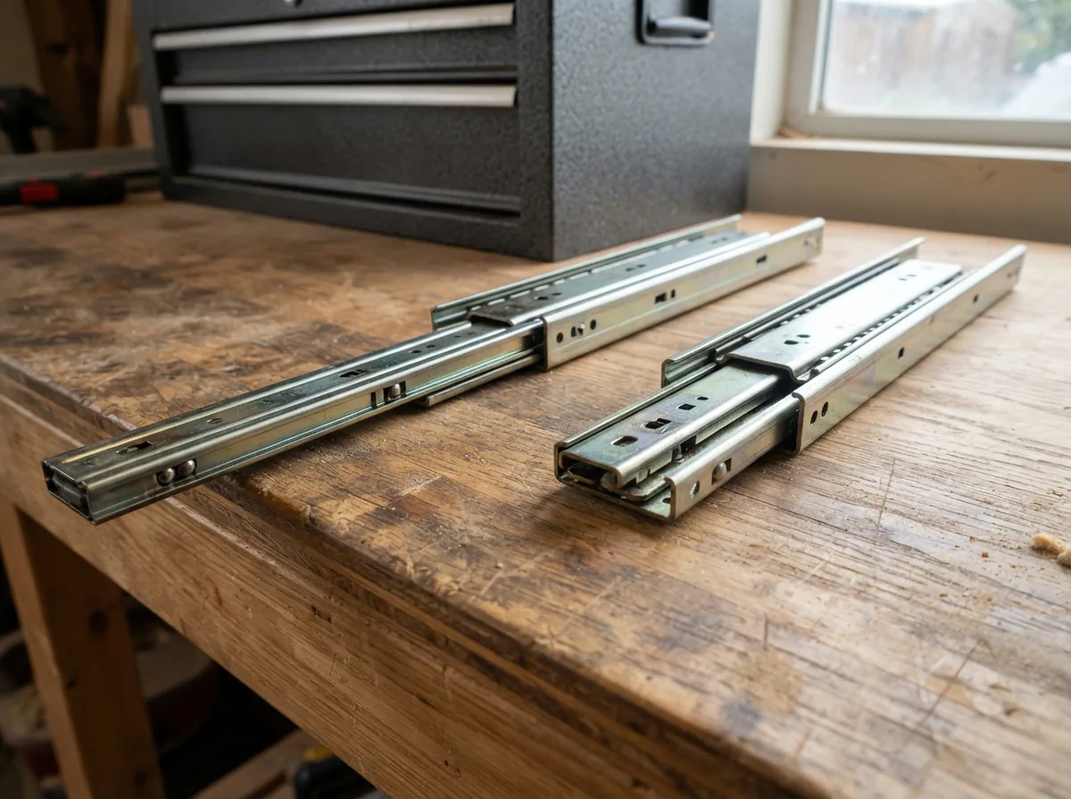 Side-view of a full-extension drawer slide compared to a 3/4 extension slide.