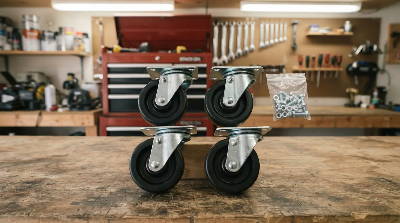 A set of four heavy-duty replacement casters with mounting hardware neatly arranged on a wooden workbench in a garage.