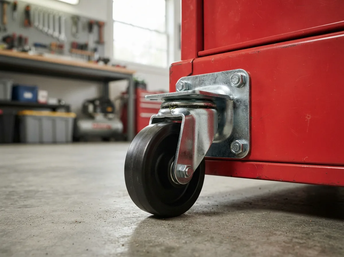 Close-up of a heavy-duty swivel caster with a polyurethane wheel mounted on the corner of a red steel tool cabinet in a garage setting.