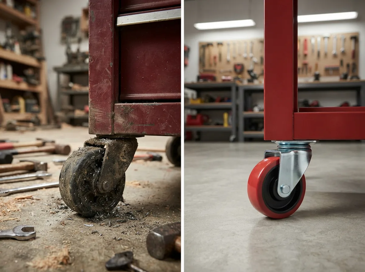 A split-scene image showing a workshop with a worn, squeaky caster on the left and a smooth-rolling, upgraded caster on the right.