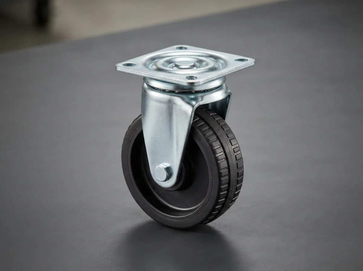 The US General Series 3 Single Swivel Caster displayed on a workbench, highlighting its TPR wheel and steel housing.