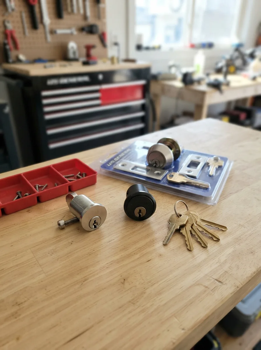 Array of various lock cylinders and keys for tool boxes displayed on a workbench
