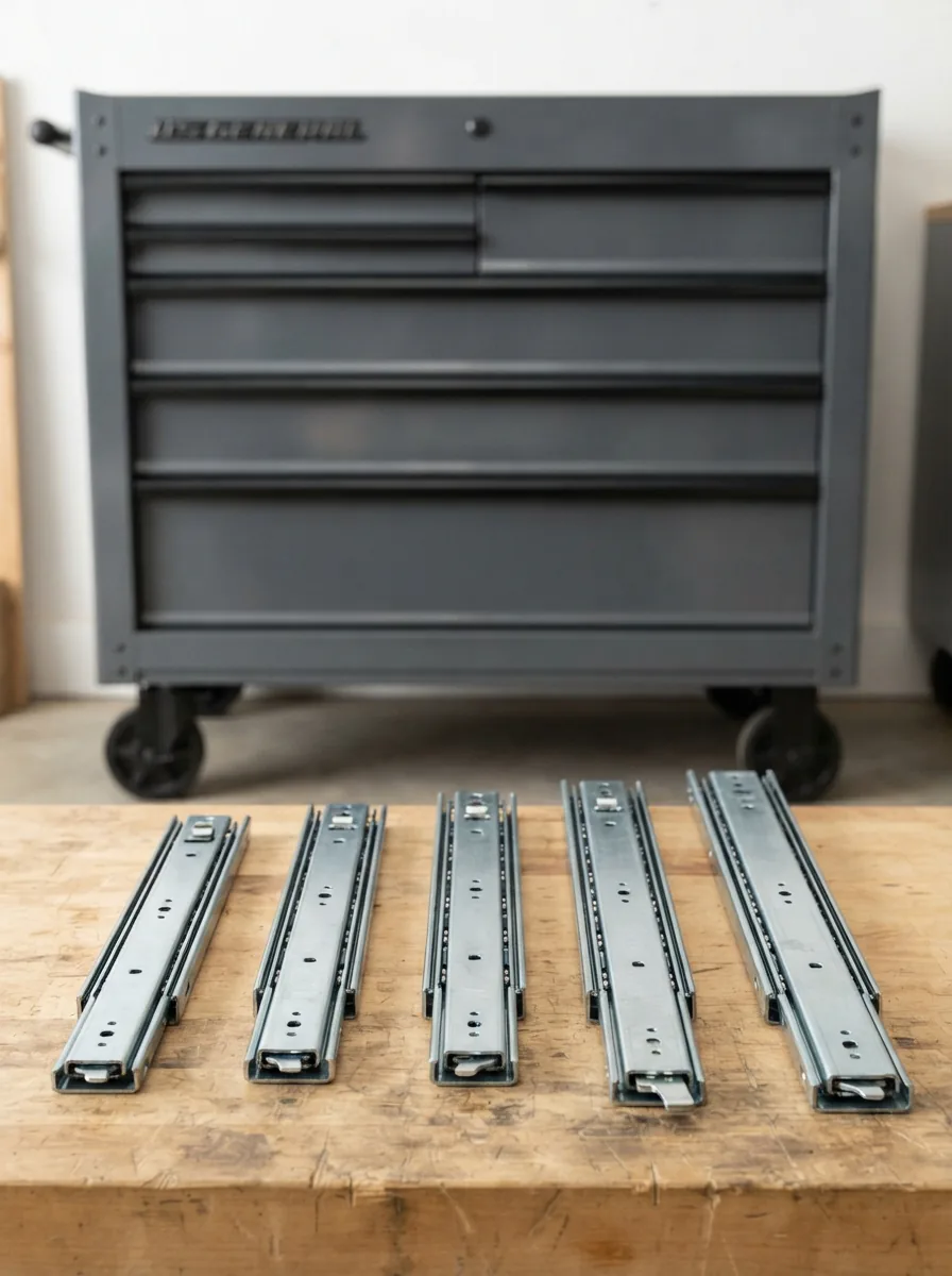 A selection of heavy-duty ball-bearing drawer slides arranged in front of a US General Series 3 roll cabinet.