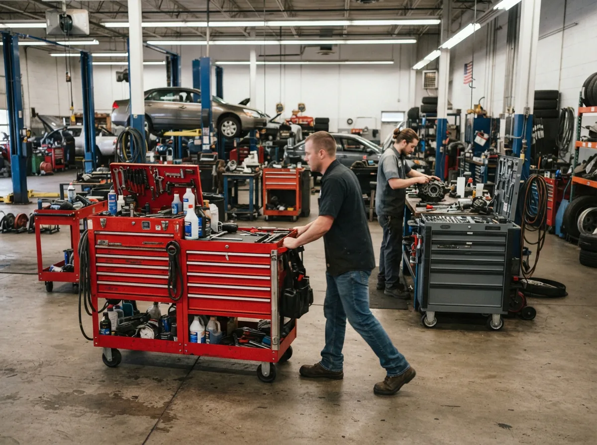 A busy automotive shop with multiple tool carts, some being rolled by technicians, highlighting the need for reliable wheels.