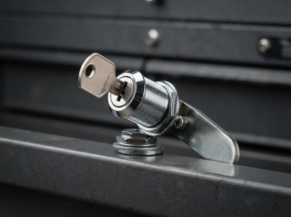 Chrome heavy-duty tubular cam lock for US General tool boxes displayed with its key.