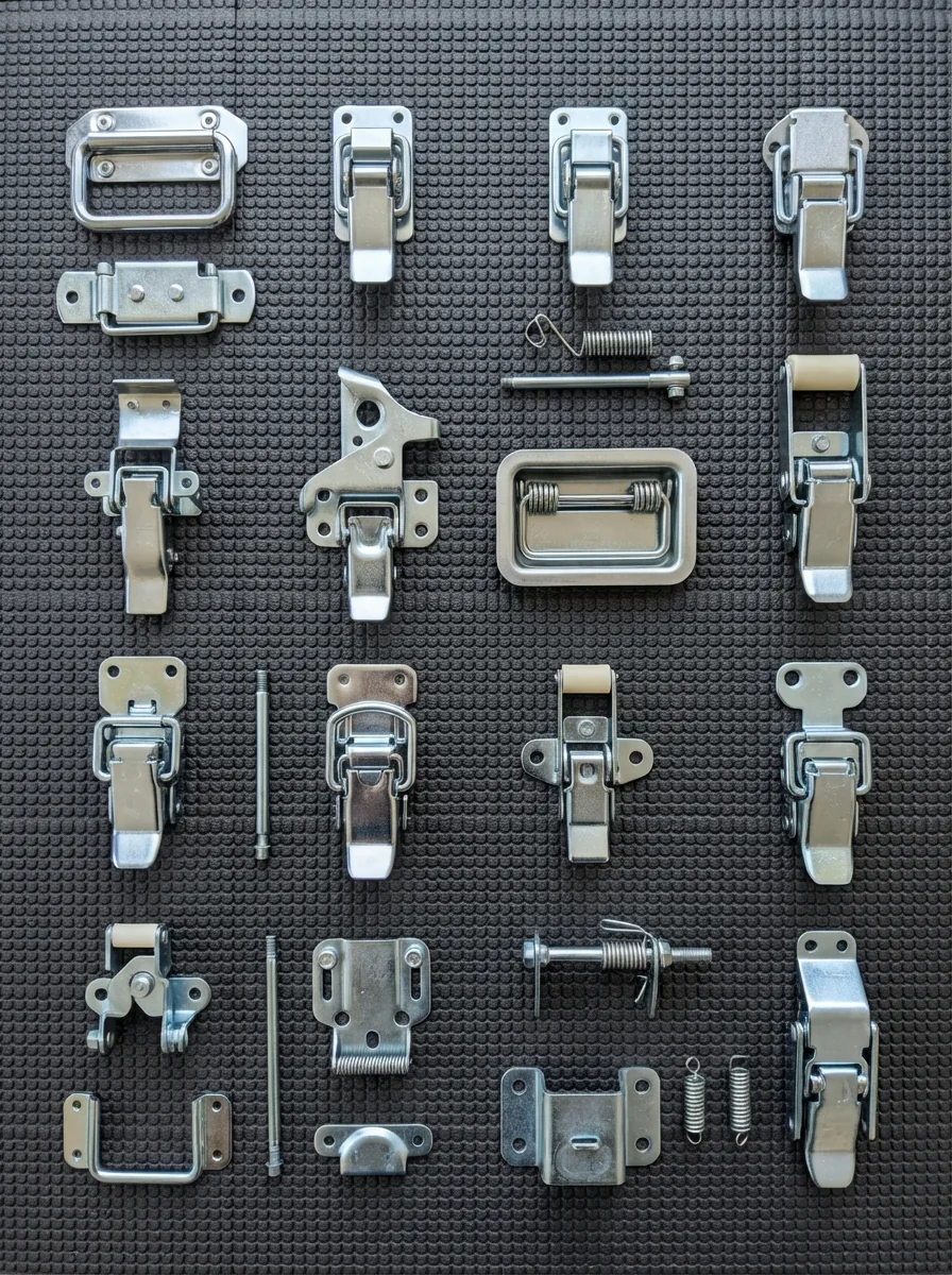 Array of US General drawer latches displayed on a clean workshop surface.