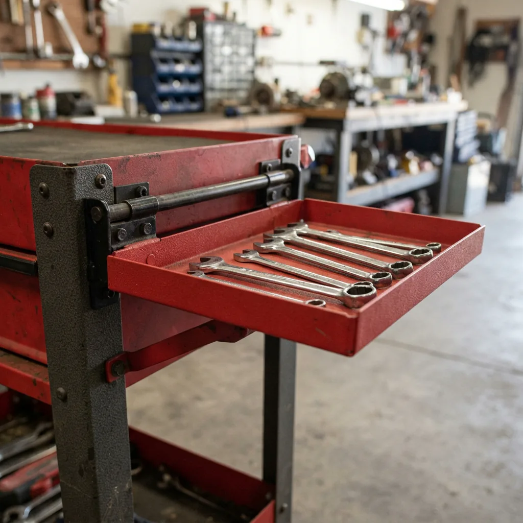 Close-up of a folding side tray attached to the side of a US General tool cart, holding a wrench set.