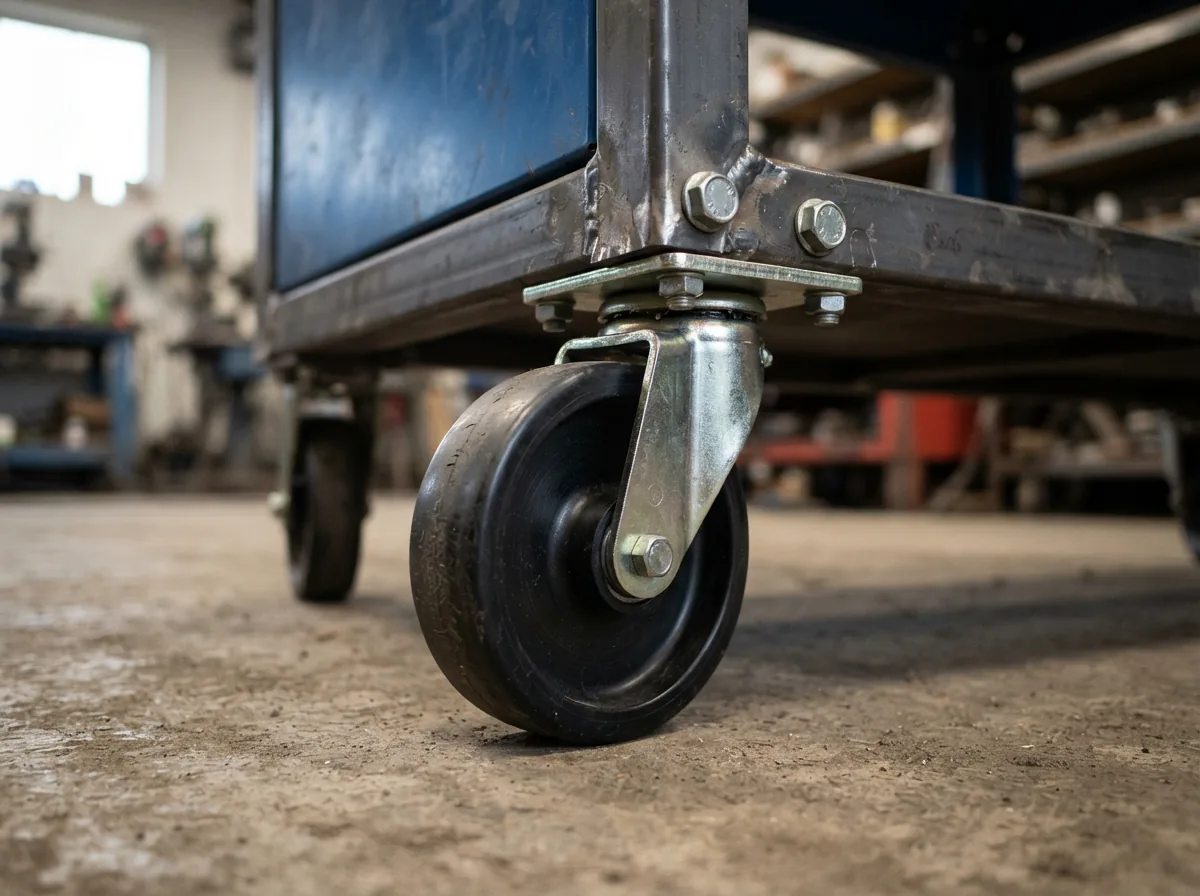 A large 6-inch phenolic swivel caster wheel with a black wheel and silver housing, shown mounted to a tool cart frame.