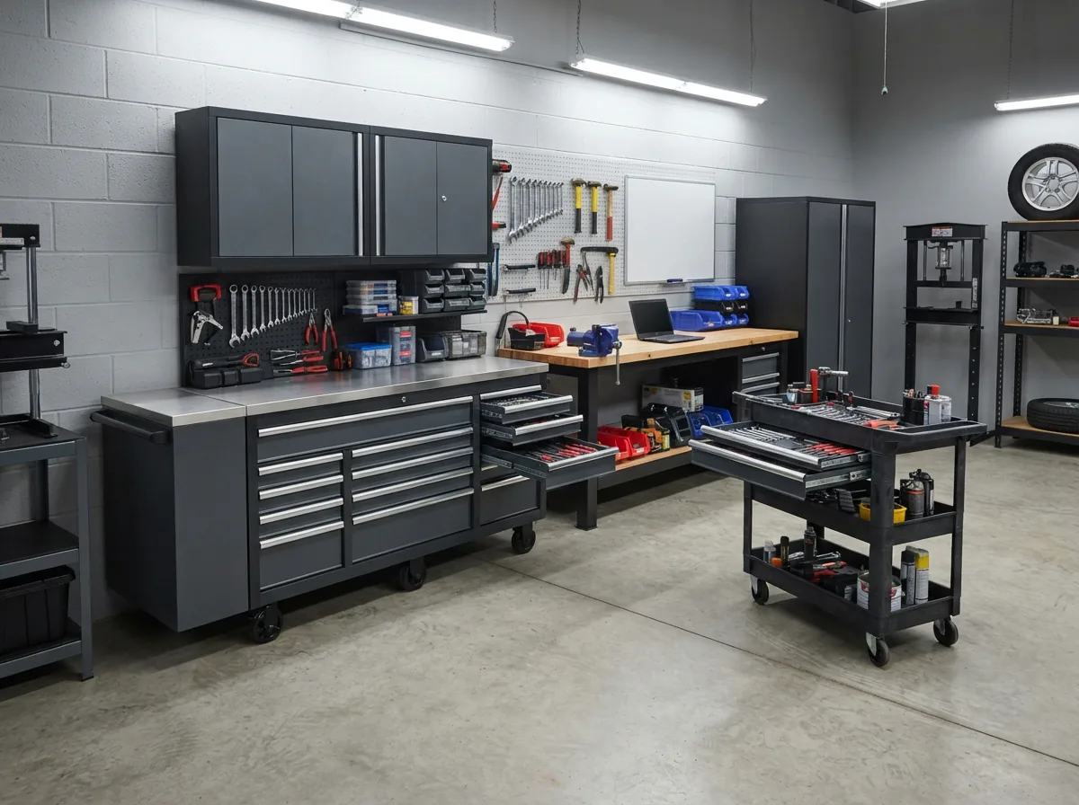 A well-organized garage with multiple tool storage units, implying the need for reliable drawer slides.