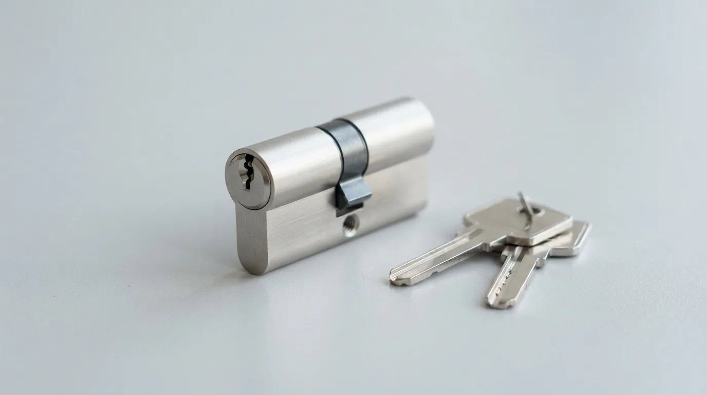 A new, single silver cylinder lock with two keys displayed next to it.