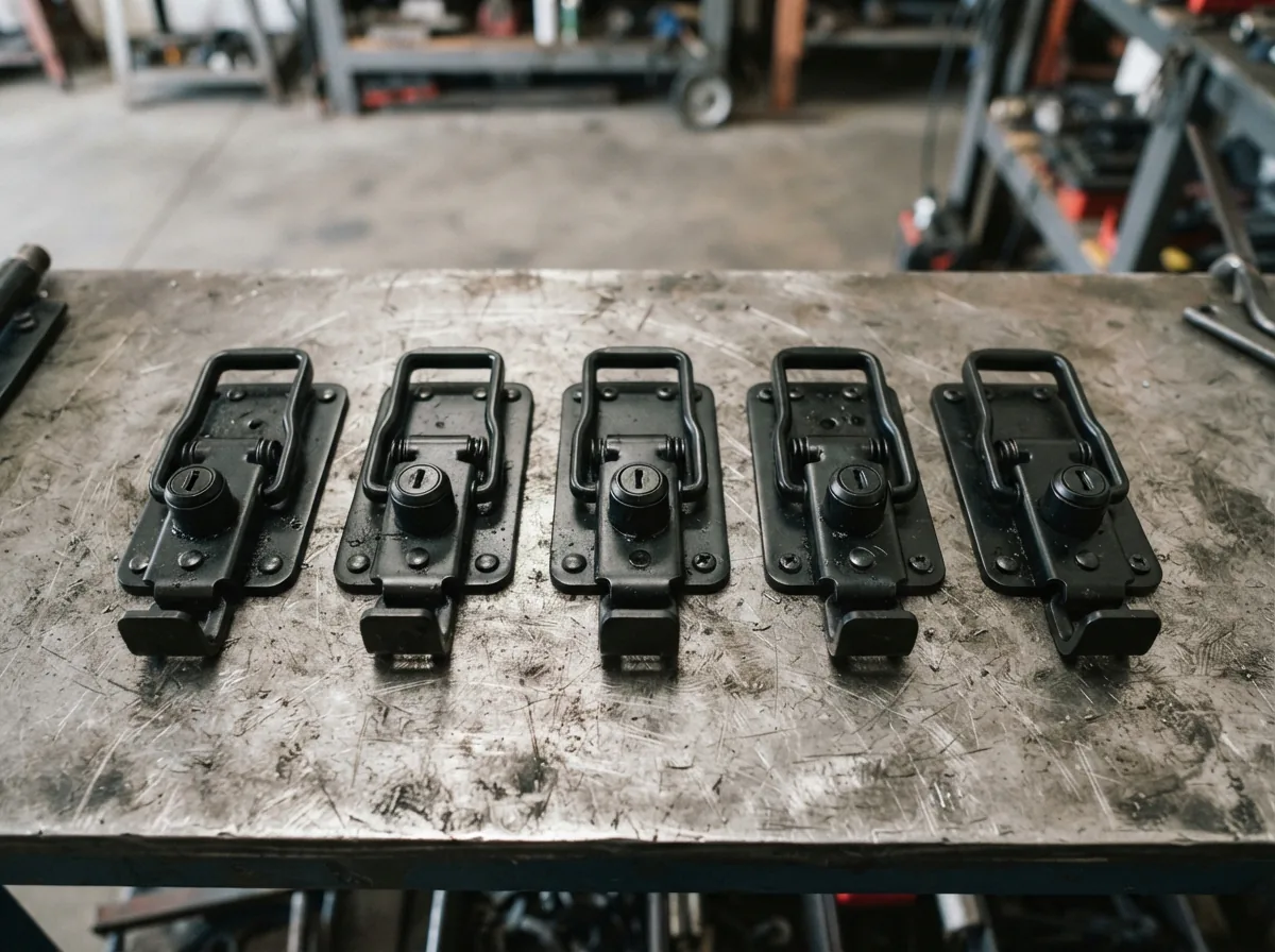 A set of five black replacement latches and locks for a tool box.