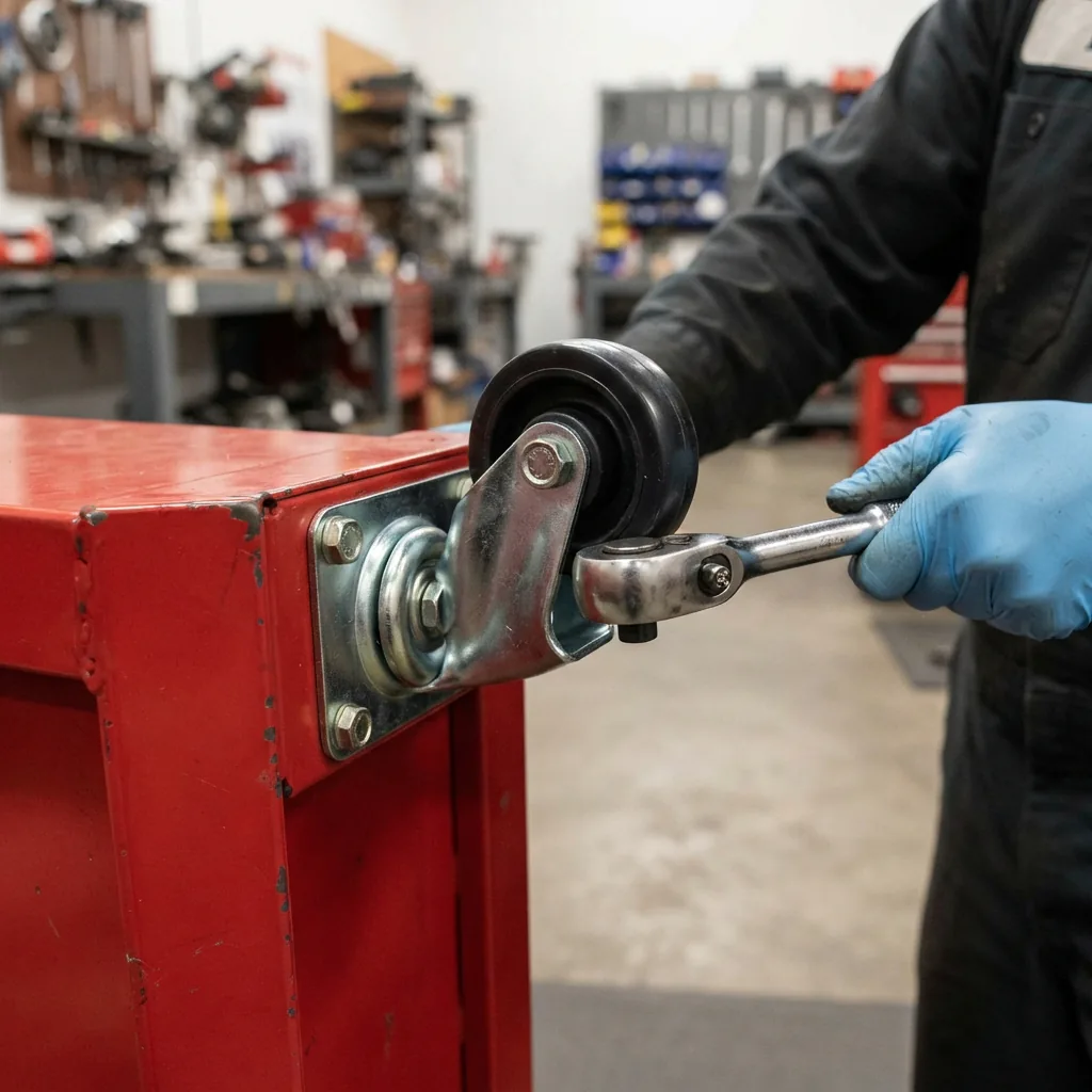 A mechanic's hand installing a new swivel caster onto the bottom corner of a red steel tool cabinet using a wrench.