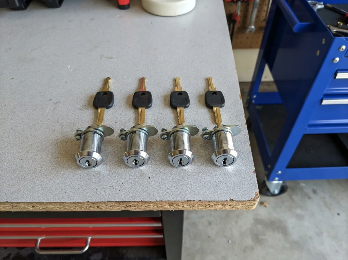 Display of four keyed-alike replacement locks and their keys on a workbench next to a US General tool cart.