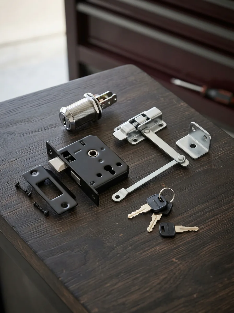 A variety of toolbox locks and keys arranged neatly on a clean workbench surface.