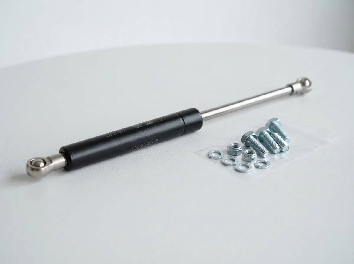 A single gas strut for a tool cart lid shown with mounting hardware.